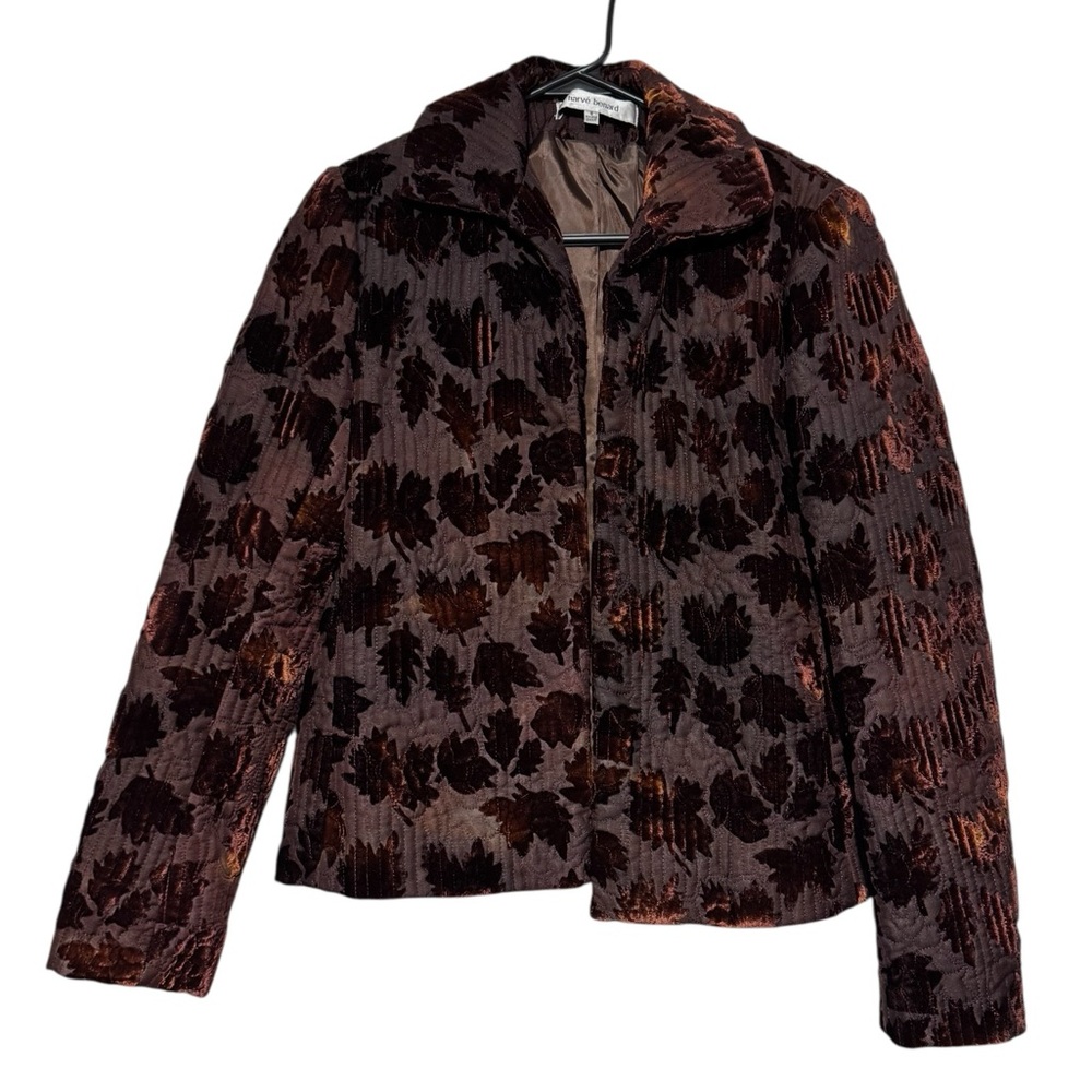 Vintage Quilted Velvet Blazer Jacket Novelty Print Leaves Fall Brown Orange Boho